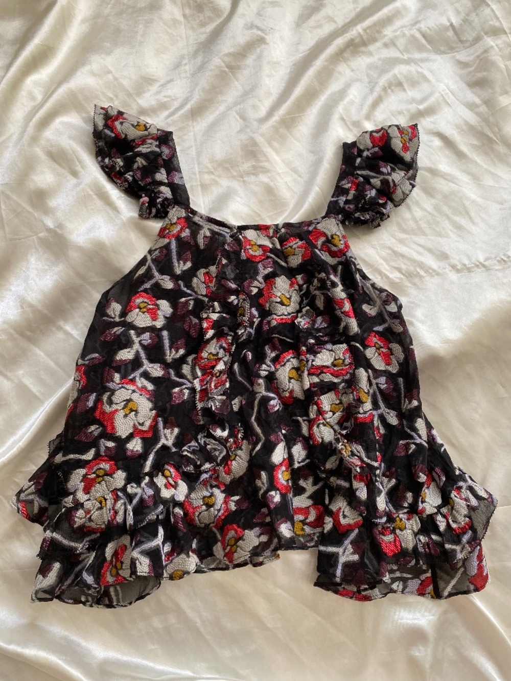 Iasbel Marant Piety Black Silk Floral Flutter Sleeve Tank Size 36 XS Boho